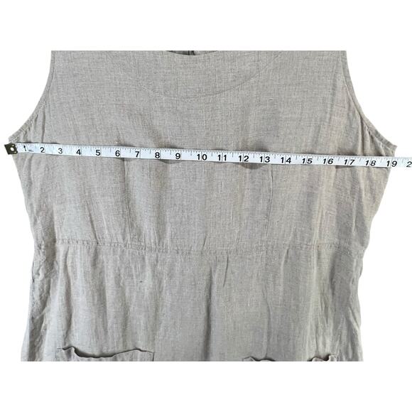 Flax Linen Dress Women S Beige Sleeveless Pockets Back Button Cottage-Tiny Flaws - Picture 7 of 14